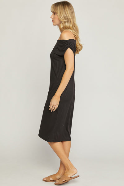 Off the shoulder lightweight Ribbed black dress - the Colleen