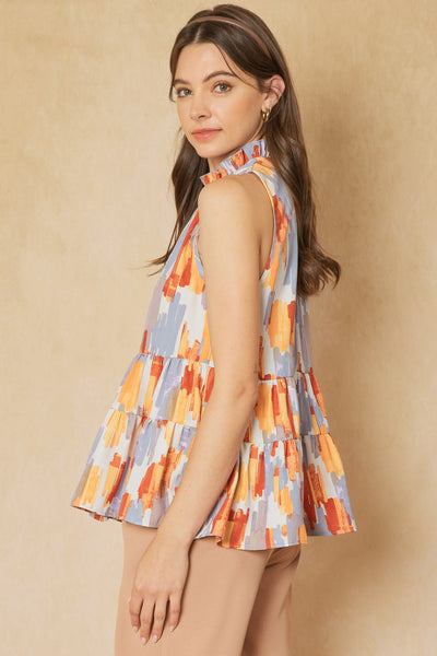 Watercolor print high neck sleeveless tiered top - the Phoebe