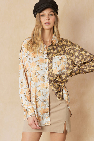 Mixed floral print satin button up shirt - the Primm