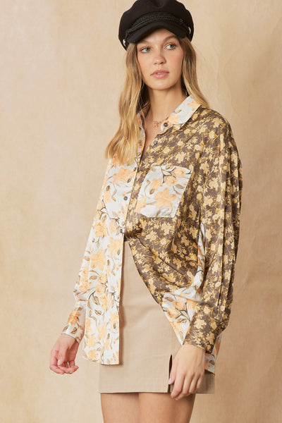 Mixed floral print satin button up shirt - the Primm