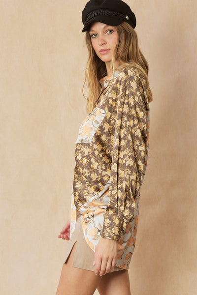 Mixed floral print satin button up shirt - the Primm