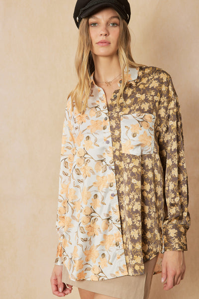 Mixed floral print satin button up shirt - the Primm