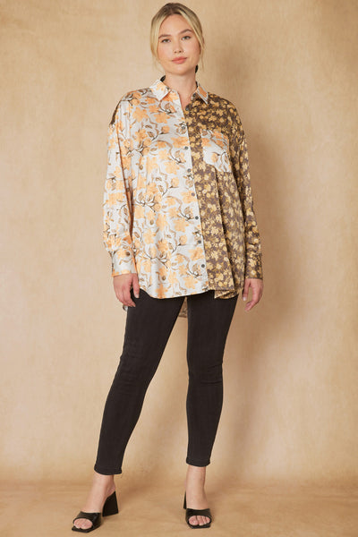 Mixed floral print satin button up shirt - the Primm