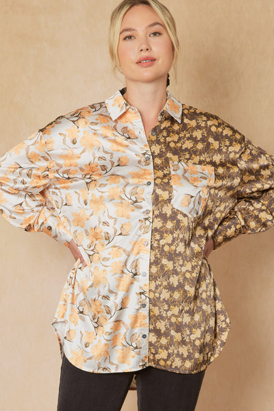 Mixed floral print satin button up shirt - the Primm
