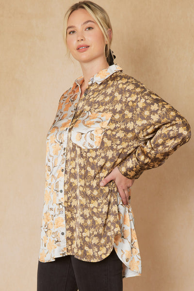 Mixed floral print satin button up shirt - the Primm