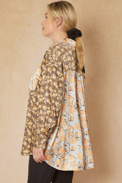 Mixed floral print satin button up shirt - the Primm